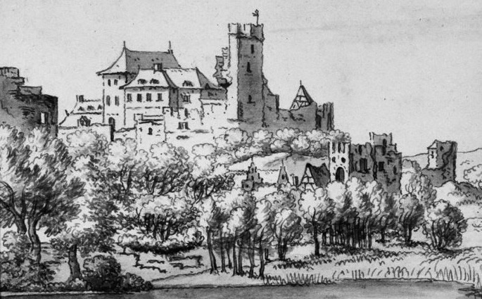Het kasteel van Valkenburg drie jaar voor de verwoesting (Josua de Grave, 1669). Bron: Wikipedia. Licentie: Creative Commons.
